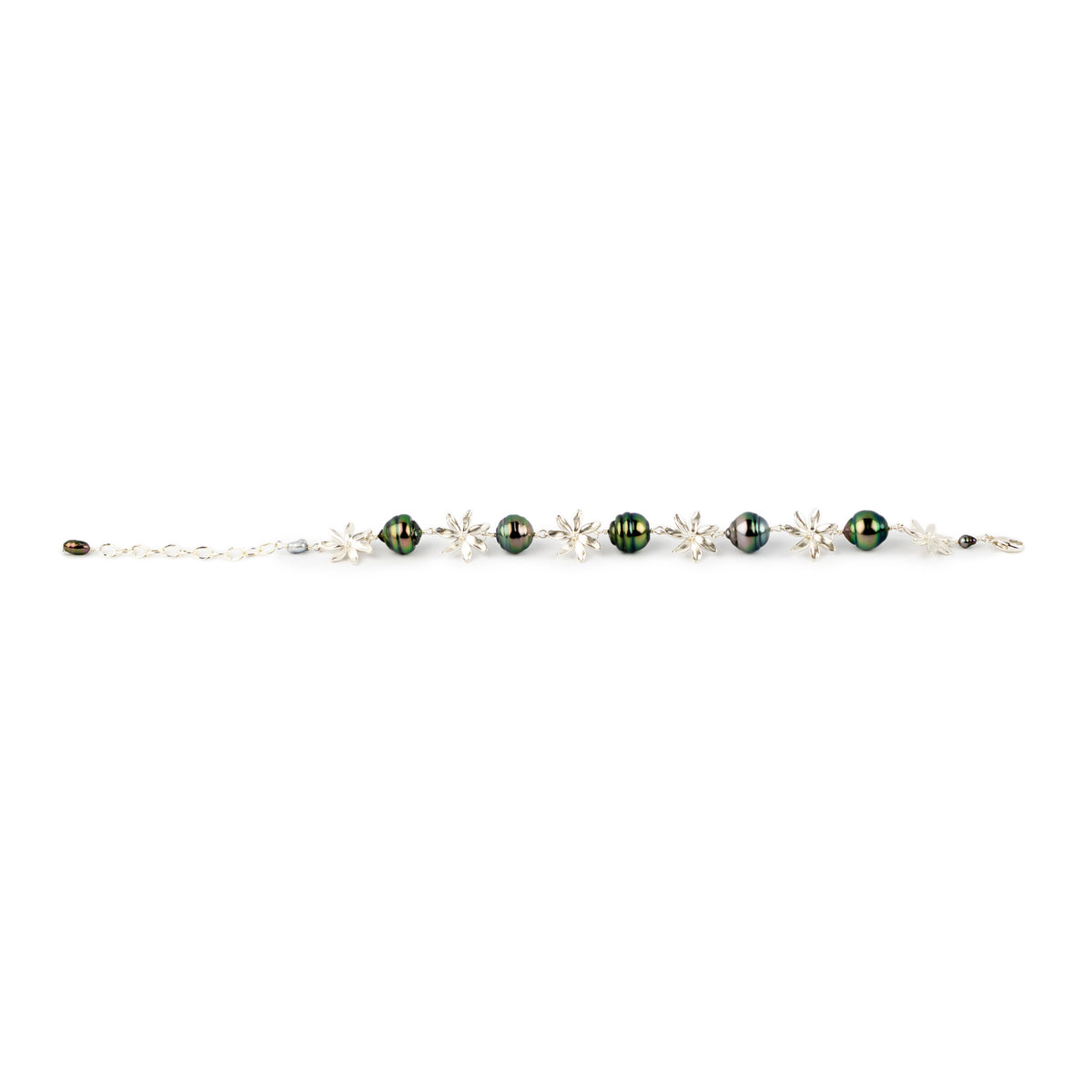 Wild Peacock Circled Tiaré Sterling Silver Tahitian Pearl Bracelet