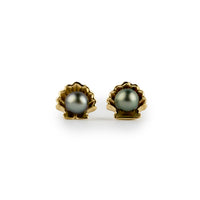 Warm Green Keshi Pearl 14K Gold Seashell Stud Earrings