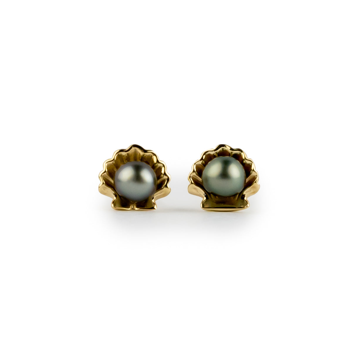 Warm Green Keshi Pearl 14K Gold Seashell Stud Earrings