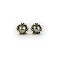 Light Silvery Keshi Pearl Sterling Silver Seashell Stud Earrings