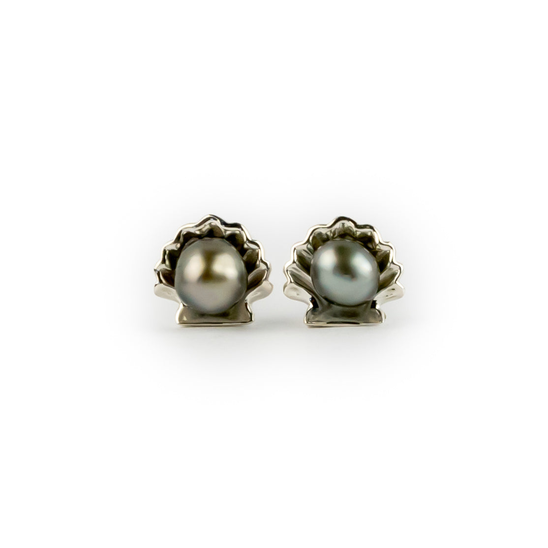 Light Silvery Keshi Pearl Sterling Silver Seashell Stud Earrings