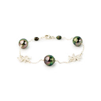 Jungle Flower Tiaré Tahitian Pearl Tin Cup Bracelet on Sterling Silver