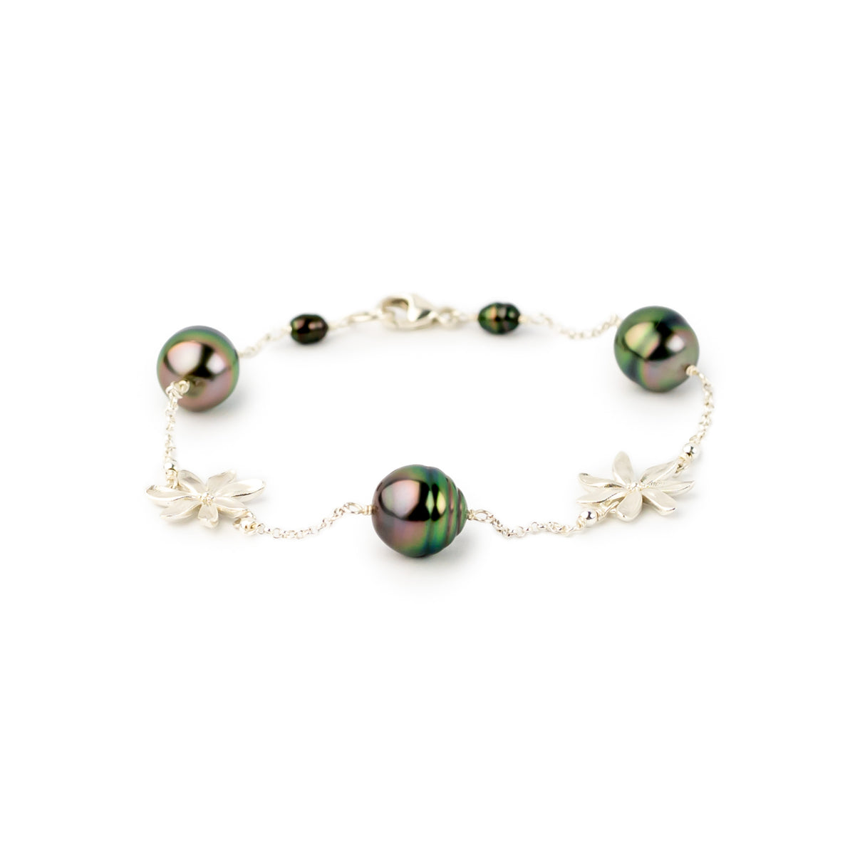 Jungle Flower Tiaré Tahitian Pearl Tin Cup Bracelet on Sterling Silver