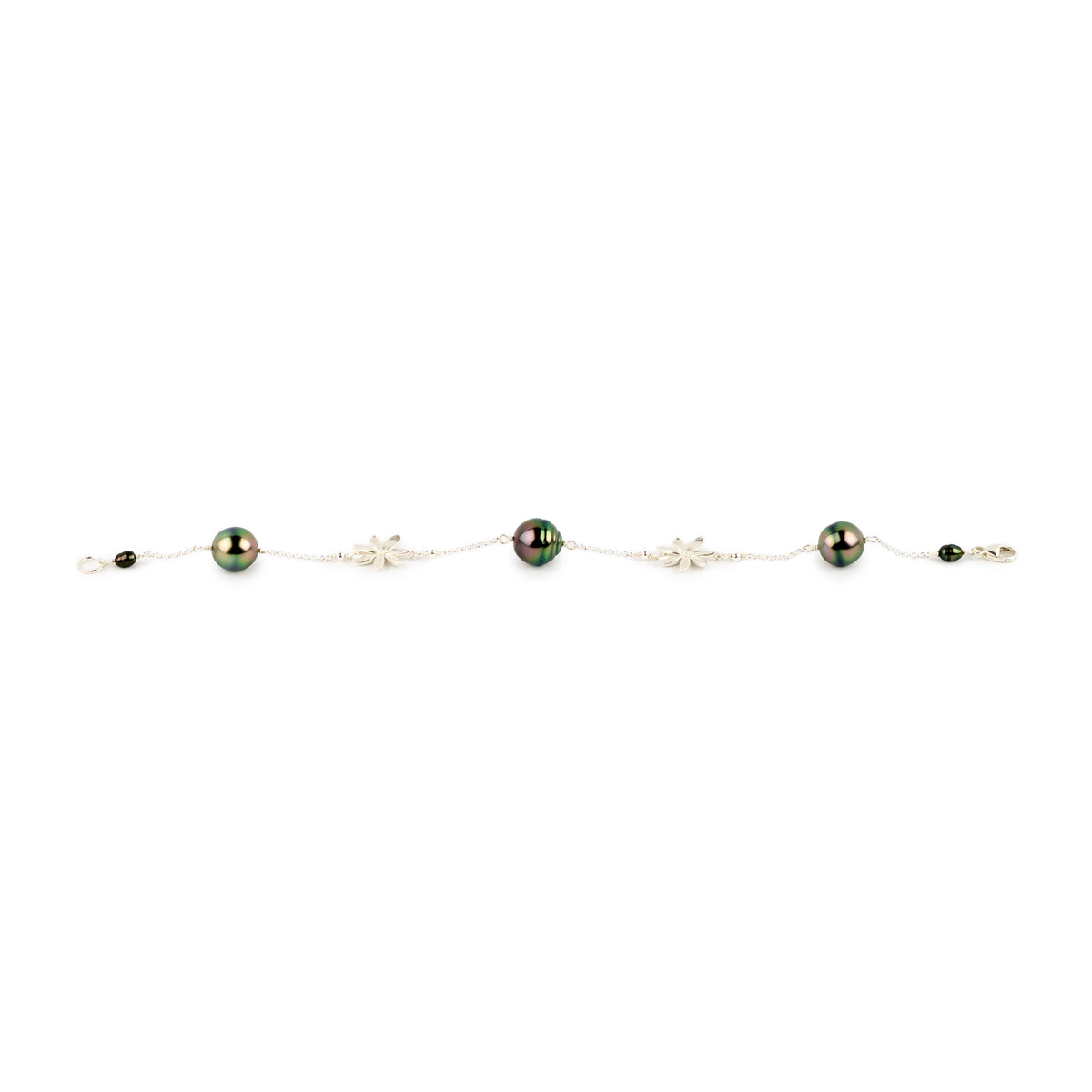 Jungle Flower Tiaré Tahitian Pearl Tin Cup Bracelet on Sterling Silver
