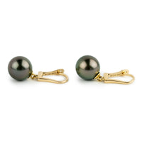 Dark Pink Green 10mm Tahitian Pearl Lever Back Earrings on 14K Yellow Gold