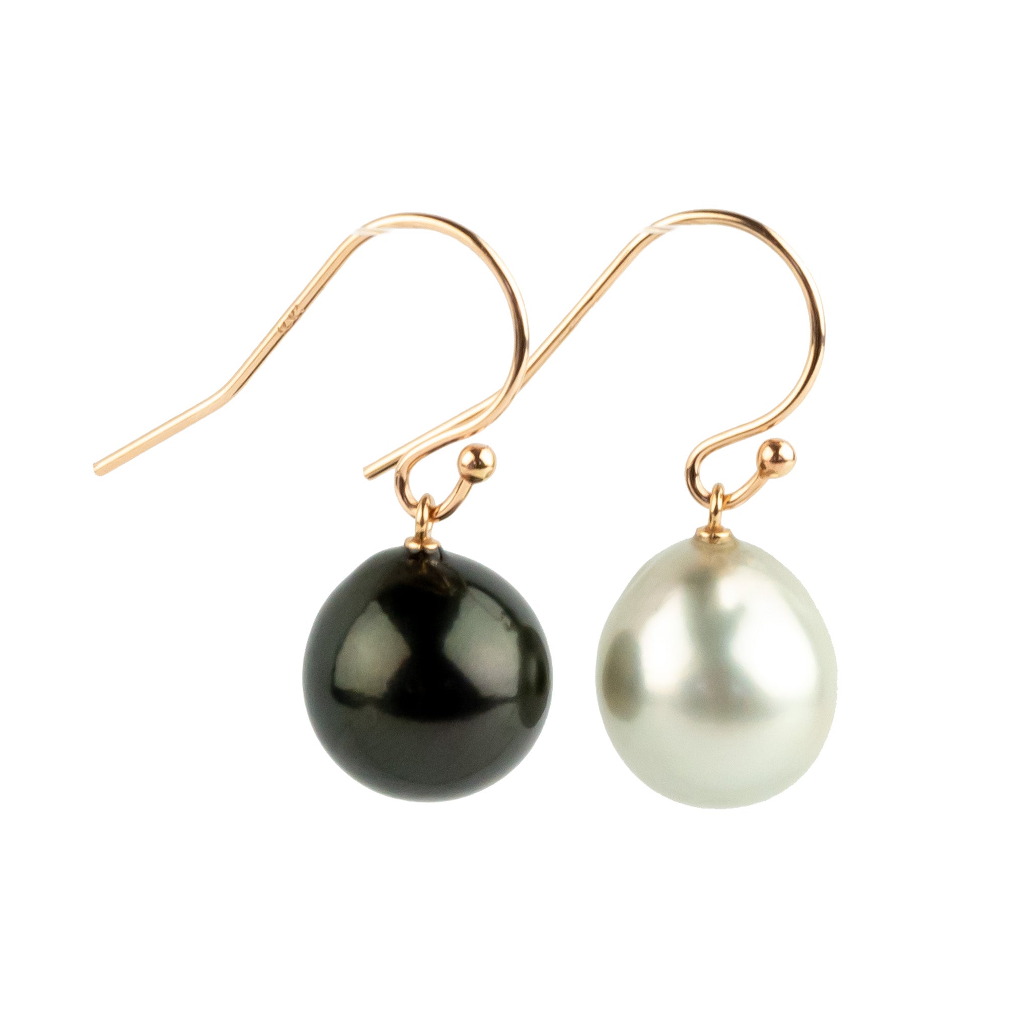 Black & White Drop Tahitian Pearl Dangle Earrings on 14K Rose Gold