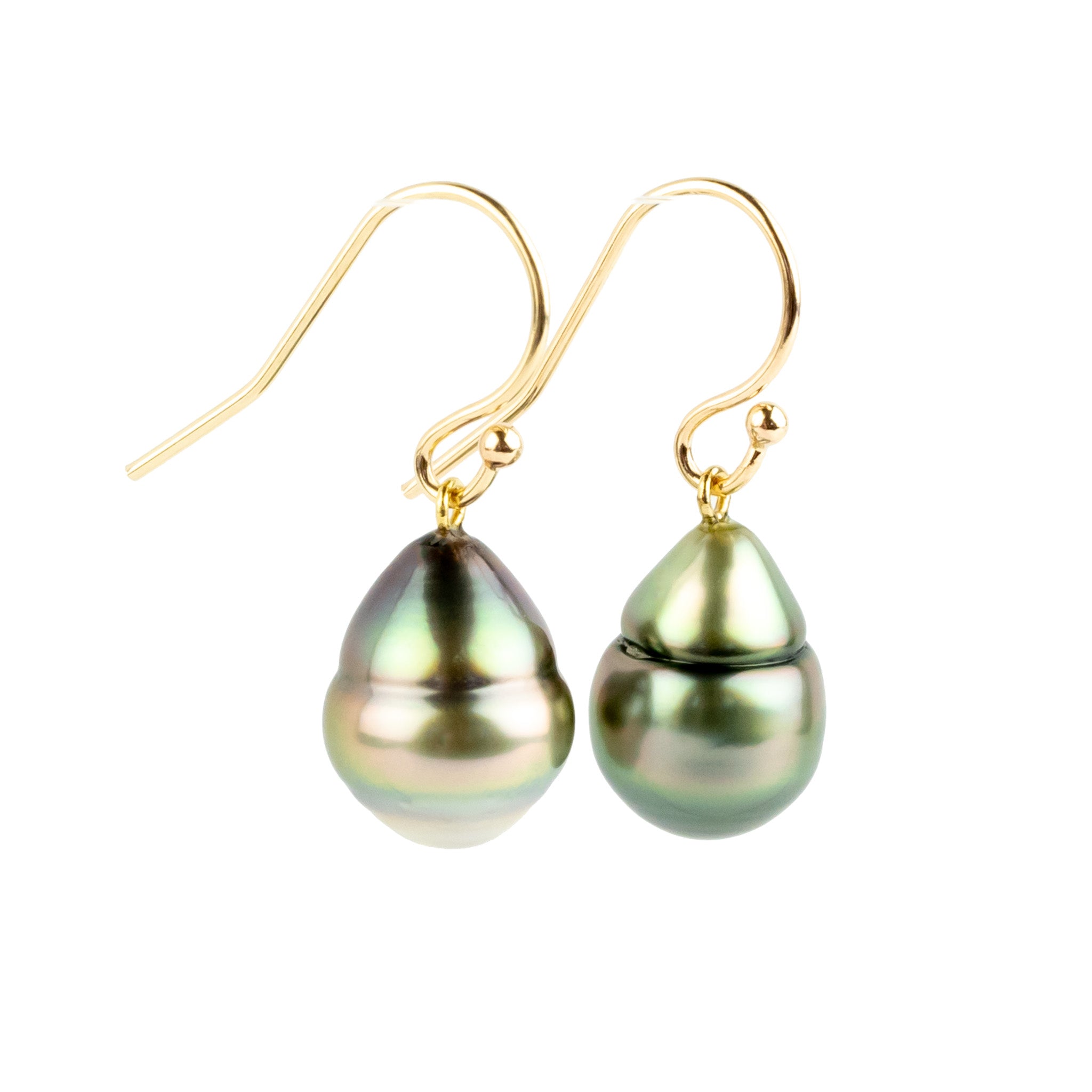 Iridescent Multicolorful Drop Tahitian Pearl Dangle Earrings on 14K Yellow Gold