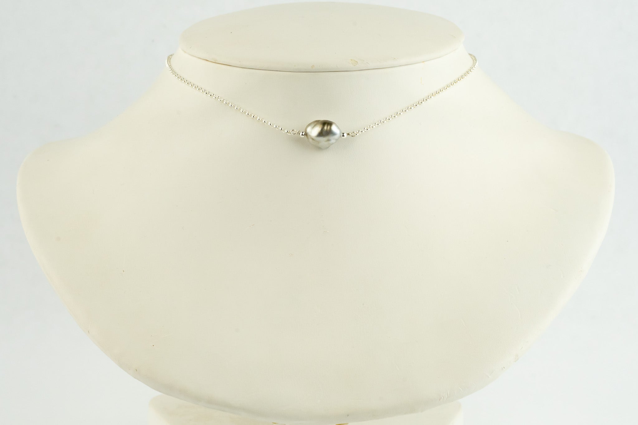 Tahitian Keshi Pearl Chain Choker Necklace on Sterling Silver