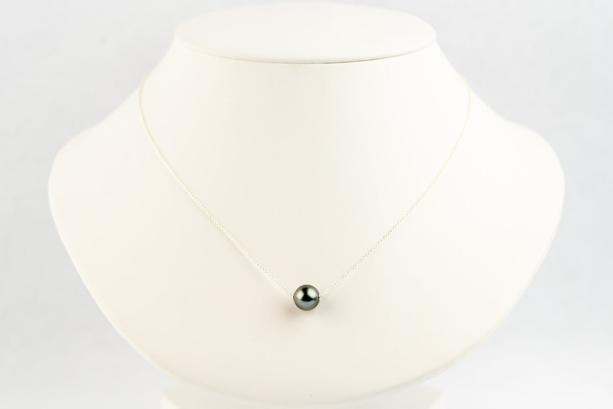 Misty Lavender Green 10mm Tahitian Pearl Solitaire Necklace on Sterling Silver
