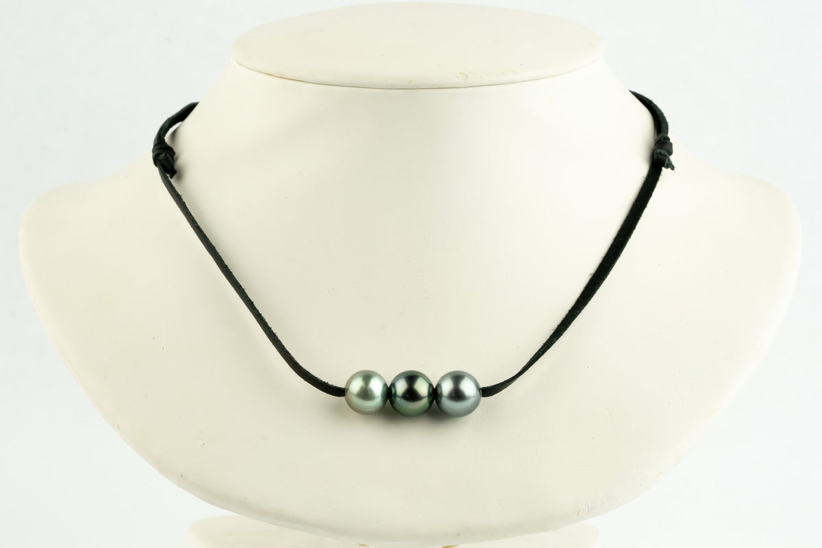 Silvery Blue Green 10.4-10.9mm Triple Eimeo Mana Necklace