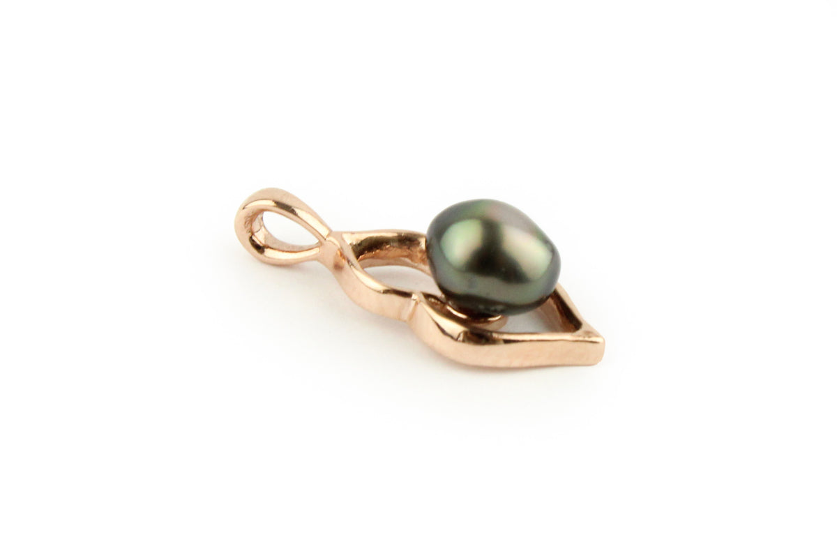 Deep Green Keshi Pearl Lotus Pendant on 10K Rose Gold