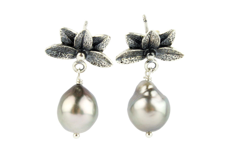 Cascadia Lotus Tahitian Pearl Dangle Earrings (Sterling silver)