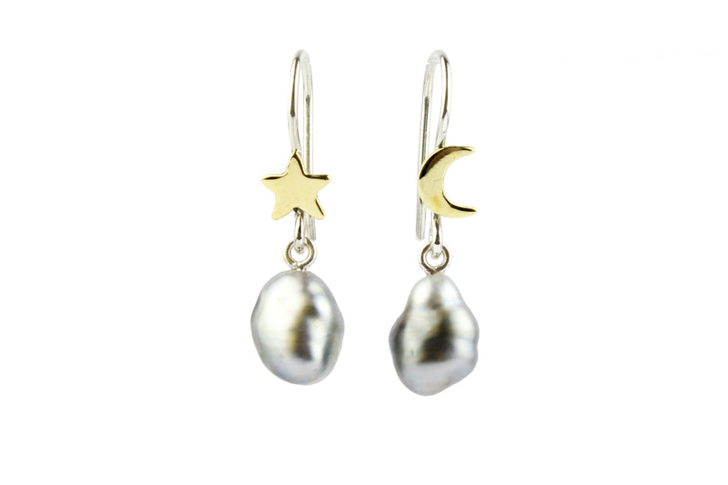 Star & Moon Tahitian Keshi Pearl Hook Earrings