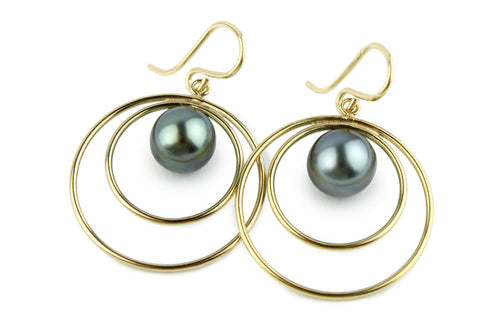 Silvery Blue-Green Tahitian Pearl Double Hoop Dangle Earrings