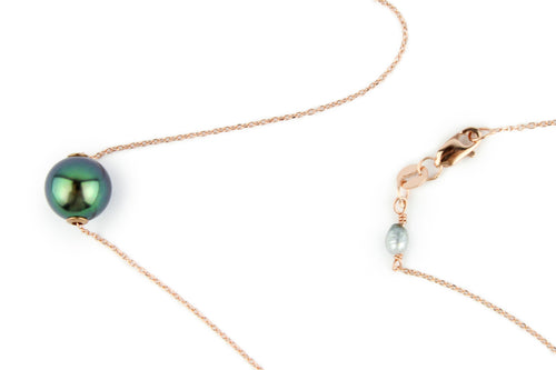 Flashy Green 9.2mm Tahitian Pearl Solitaire Necklace on 14K Rose Gold