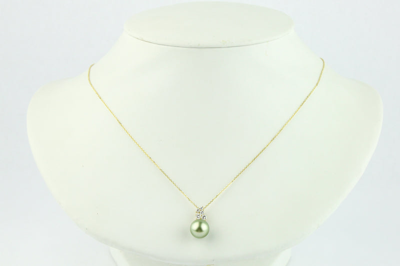 Flashy Golden Green Tahitian Pearl & Diamond Asteria Pendant or Necklace