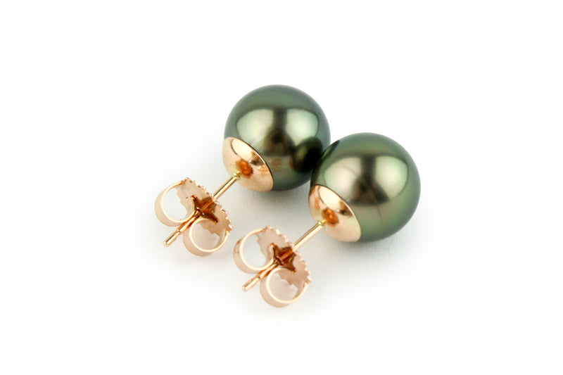 Golden Green 9-10mm Tahitian Pearl Stud Earrings