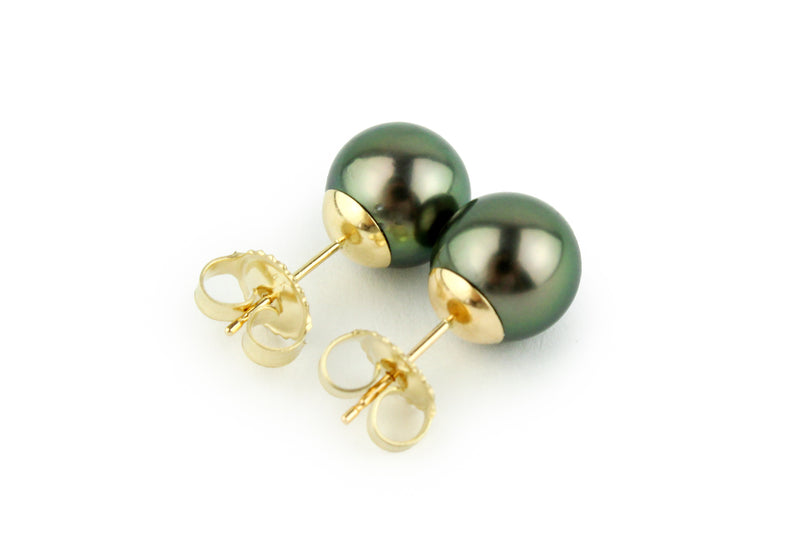 Golden Green 9-10mm Tahitian Pearl Stud Earrings