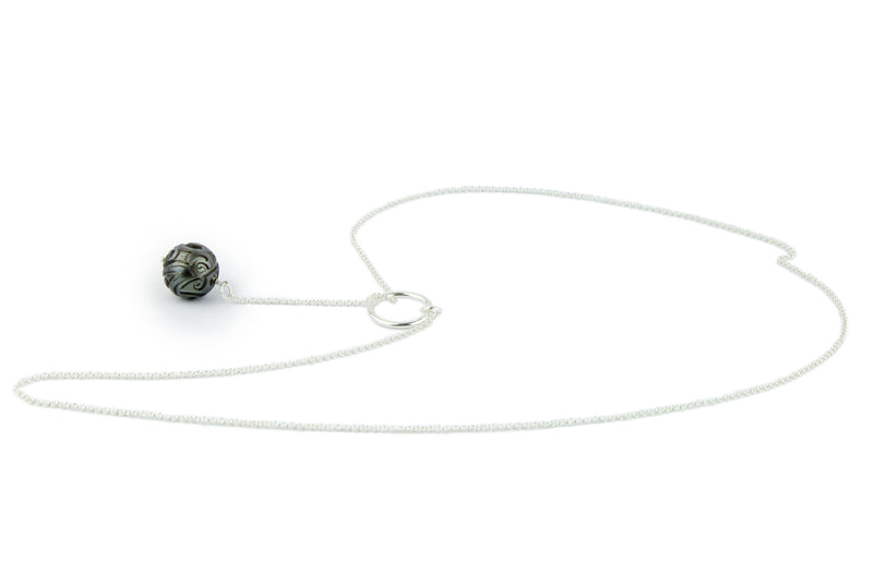 Carved Round 13.5mm Tahitian Pearl Lariat Chain Necklace