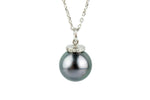 Lavender-Green Tahitian Pearl & Diamond Halo Necklace on 14K White Gold