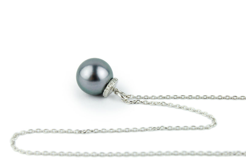 Lavender-Green Tahitian Pearl & Diamond Halo Necklace on 14K White Gold