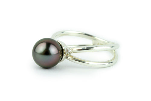 Tahitian Pearl & Diamond Sterling Silver Ring