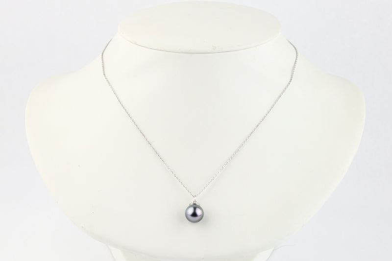 Lavender-Green Tahitian Pearl & Diamond Halo Necklace on 14K White Gold