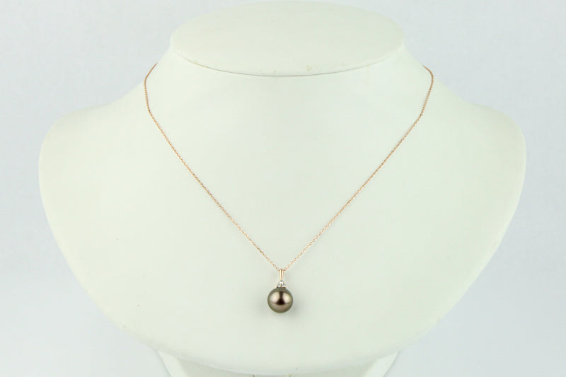 Coppery Aubergine Tahitian Pearl & Diamond Toru Necklace on 14K Rose Gold