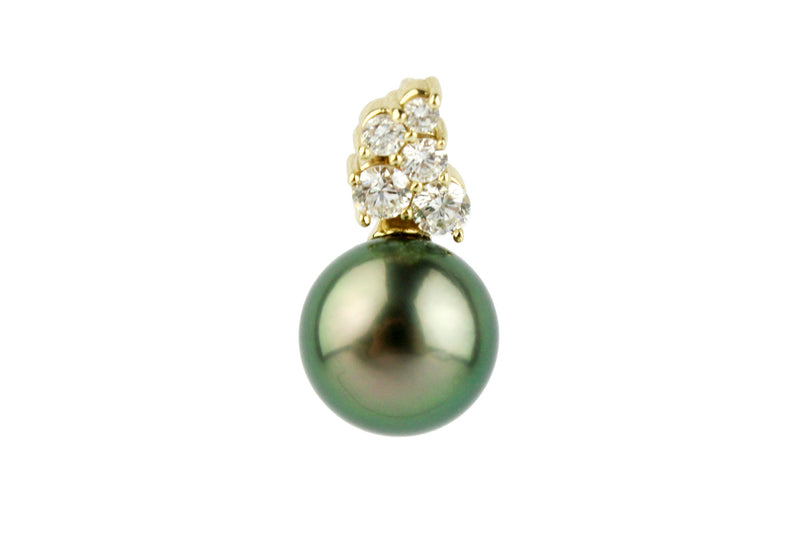 Bright Peacock Green Pearl & Diamond Asteria Pendant or Necklace on 14K Yellow Gold