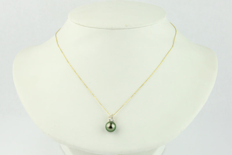 Bright Peacock Green Pearl & Diamond Asteria Pendant or Necklace on 14K Yellow Gold