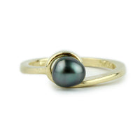 Deep Blue-Green Tahitian Keshi Pearl Wave Ring on 10K Gold