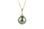 Warm Green Tahitian Pearl & Diamond Toru Necklace on 14K Yellow Gold