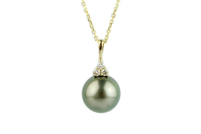 Warm Green Tahitian Pearl & Diamond Toru Necklace on 14K Yellow Gold