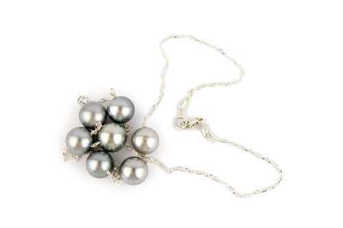 Light Silvery Tin-Cup Tahitian Pearl Necklace on Sterling Silver