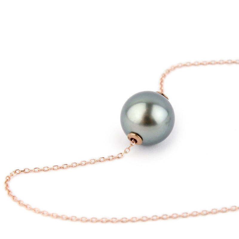 Silvery Blue 10mm Tahitian Pearl Solitaire Necklace on 14K Rose Gold