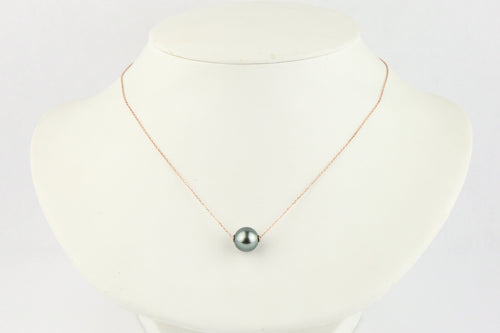 Silvery Blue 10mm Tahitian Pearl Solitaire Necklace on 14K Rose Gold