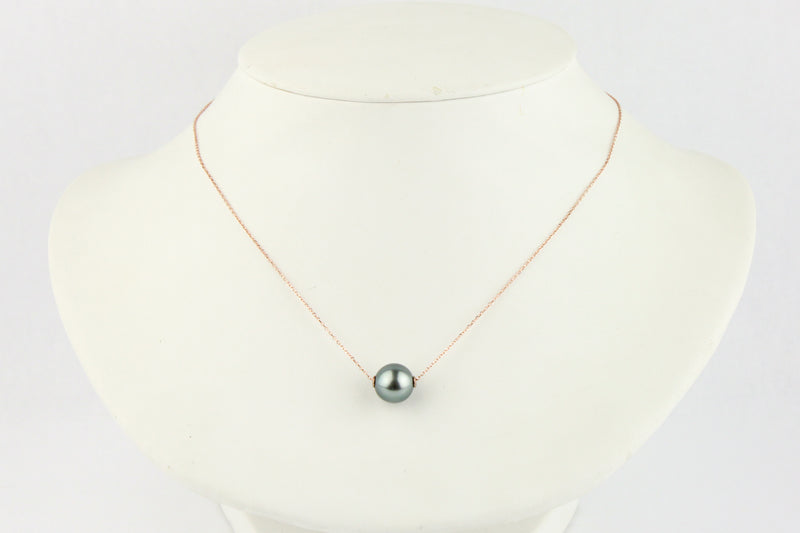 Silvery Blue 10mm Tahitian Pearl Solitaire Necklace on 14K Rose Gold