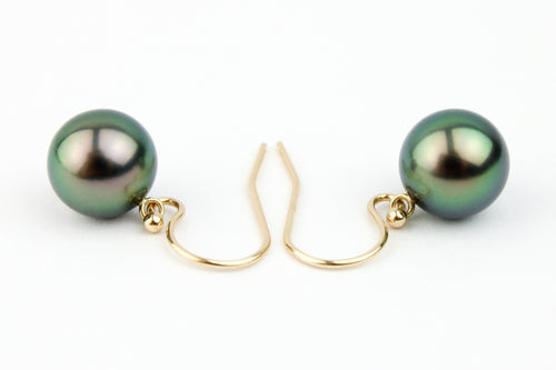 Lustrous Peacock Green Tahitian Pearl Dangle Earrings