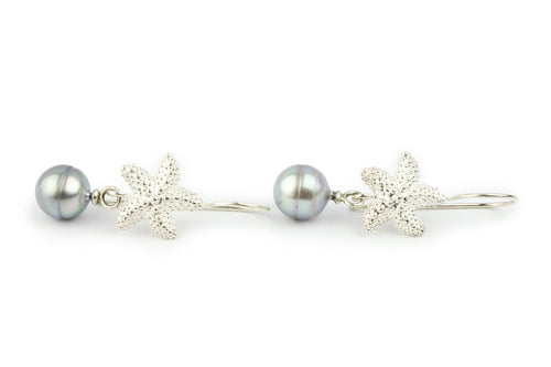 Sky Blue Tahitian Pearl Starfish Hook Earrings