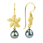 Flashy Blue Tahitian Pearl Starfish Hook Earrings