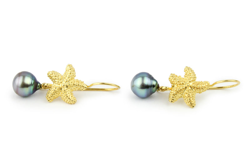 Flashy Blue Tahitian Pearl Starfish Hook Earrings