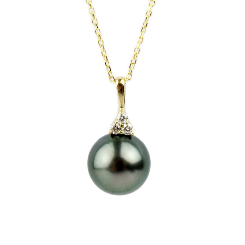 Dark Peacock Tahitian Pearl & Diamond Toru Necklace on 14K Yellow Gold