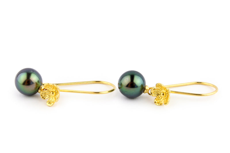 Flashy Peacock Green Tahitian Pearl Hibiscus Hook Earrings