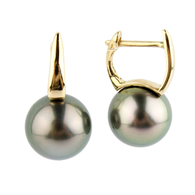 Golden Green 9.5mm Tahitian Pearl Lever Back Hoop Earrings