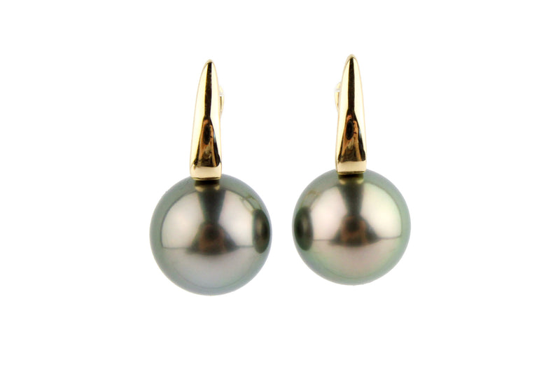 Golden Green 9.5mm Tahitian Pearl Lever Back Hoop Earrings