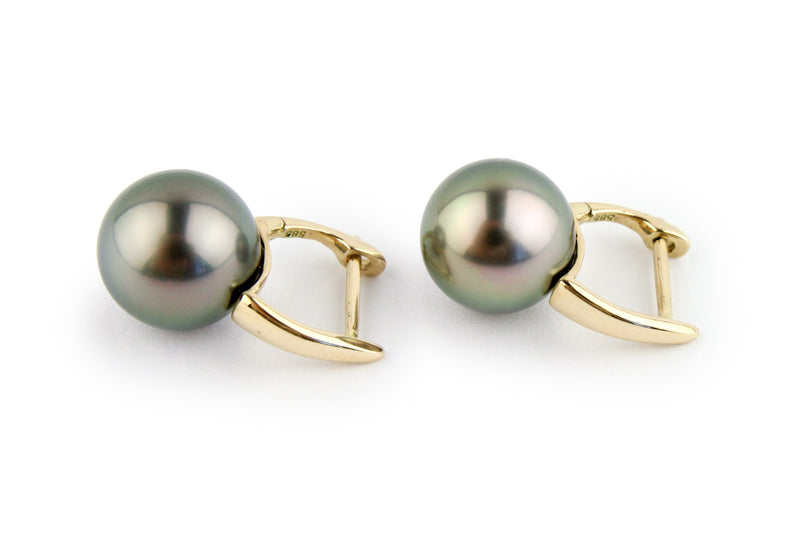 Golden Green 9.5mm Tahitian Pearl Lever Back Hoop Earrings