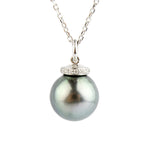 Silvery-Aqua Tahitian Pearl & Diamond Halo Necklace on 14K White Gold