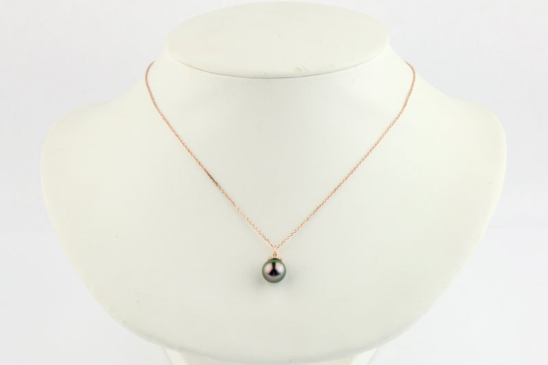 Flashy Aubergine Peacock Tahitian Pearl & Diamond Halo Necklace on 14K Rose Gold