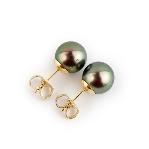 Pink-Green Peacock 9.3-9.8mm Tahitian Pearl Stud Earrings