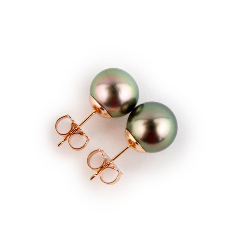 Pink-Green Peacock 9.3-9.8mm Tahitian Pearl Stud Earrings